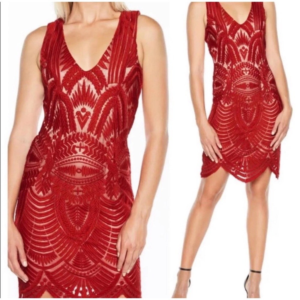 Bardot Embroidered Lace Mesh Illusion Dress in Lipstick Red